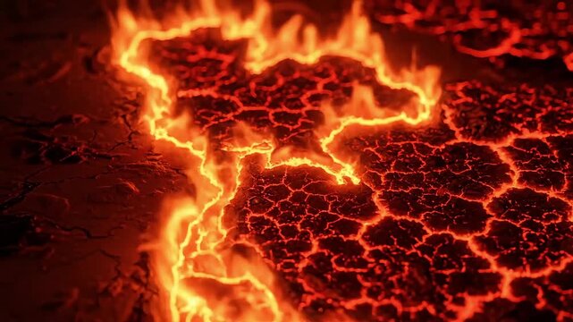 A fiery lava flow with molten rock and flames spreading across the dark ground in a volcanic eruption scene from a close-up viewpoint