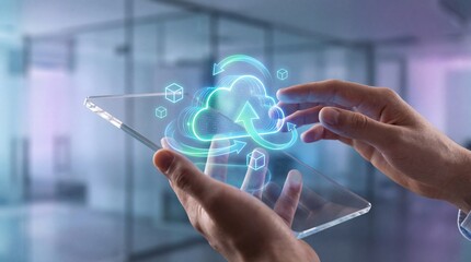 A person interacting with a futuristic holographic interface on a smartphone