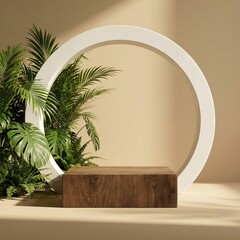 Wooden podium with tropical plants and circular arch for product display.