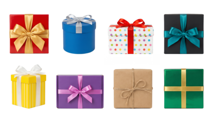 Colorful gift box set including assorted shapes, sizes, and patterns like polka dots, stripes, and kraft paper isolated. Holiday celebration and birthday present concepts.