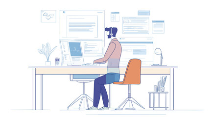 Man Working on Computer at Desk.