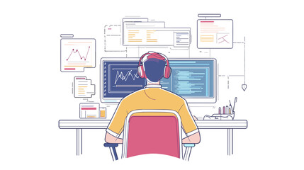 Man Working on Computer with Headphones.