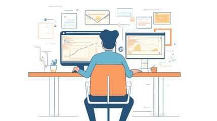 Man Working on Computer with Multiple Screens.