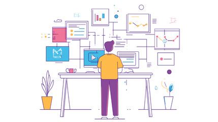 Man Working on Computer with Various Charts.