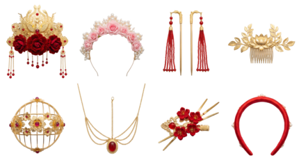 Chinese bridal hair accessories set including phoenix crown, floral headbands, tassel hairpins, and gold combs. Traditional wedding jewelry collection.