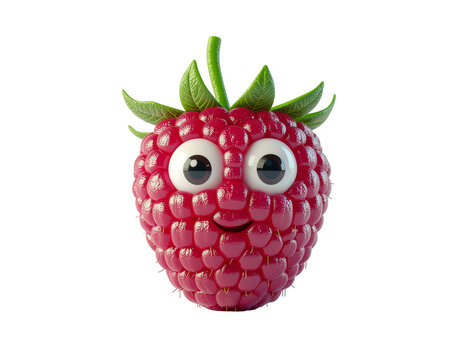 Playful raspberry with googly eyes and leafy crown, bright red fruit with glossy texture and friendly expression