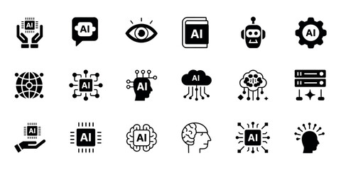 Fototapeta premium Artificial Intelligence Icon Set featuring brain, robotics, and machine learning technology symbols