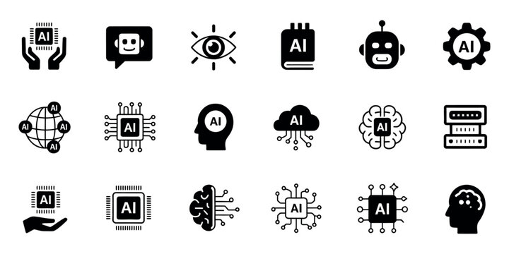 Artificial Intelligence Icons Set Featuring AI Technology, Machine Learning, Algorithms, Brain, Robotics, and Architecture Concepts