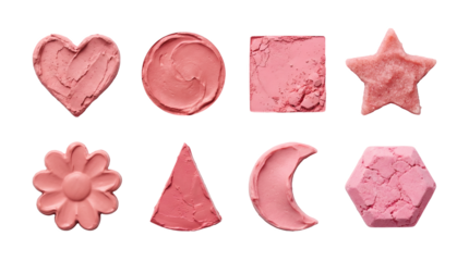 Pink makeup textures set including heart, circle, square, star, flower, triangle, moon, and hexagon shapes. Cosmetic product swatch and beauty material collection.
