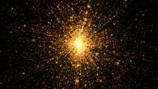 A brilliant explosion of golden particles forming a spectacular starburst with a bright lens flare, a perfect concept for festive intros and celebrations