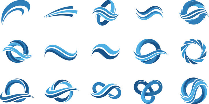 Abstract blue wave and swirl logo icons set for water energy and modern branding design