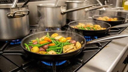 Busy Commercial Kitchen Interior with Stainless Steel Cookware