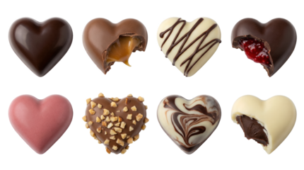 Heart chocolate candy set including dark, milk, white, caramel filled, raspberry, and hazelnut pieces isolated. Valentines day and romantic dessert collection.