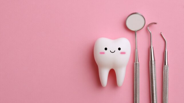 Cute tooth character with dental tools on a pink background for a fun dental care theme