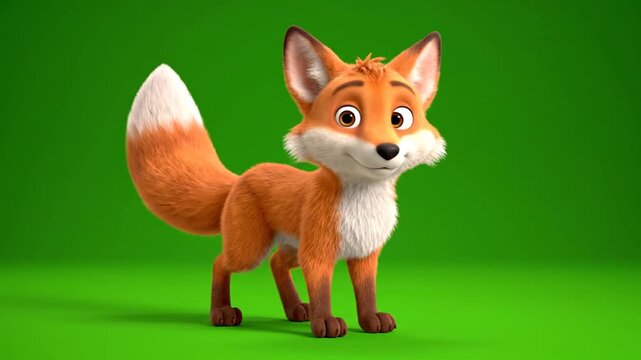 Animated cartoon fox standing on a greenscreen with a fluffy tail and alert ears, ready for editing