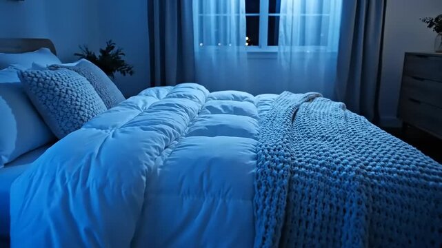 Cozy Bedroom with Blue Bedding and Soft Lighting.