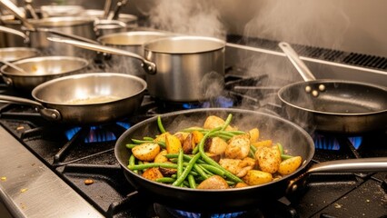 Steaming Pans of Healthy Vegetables Cooking on Industrial Gas Burners