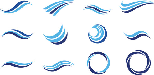 Obraz premium Abstract blue wave and swirl logo icons set for water motion and modern branding design