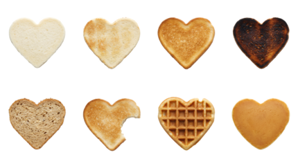 Heart shaped toast and breakfast food set including white, toasted, burnt, whole wheat, bitten, waffle, and pancake variants. Valentines day morning brunch collection.