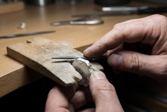Hand Filing Metal on a Jeweler&rsquo;s Bench: Precision Craft in Detail