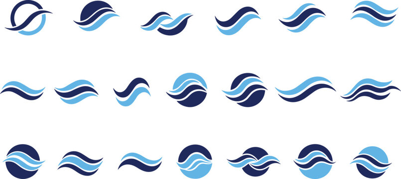 Abstract blue wave logo icons set with flowing water shapes for modern branding design