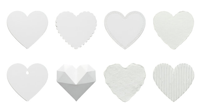 White paper heart set including scalloped, stitched, corrugated, faceted, torn, and tag styles isolated. Valentine's day decoration and romantic craft concept.