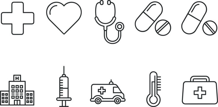Medical healthcare outline icons set with hospital stethoscope pills syringe ambulance and emergency symbols