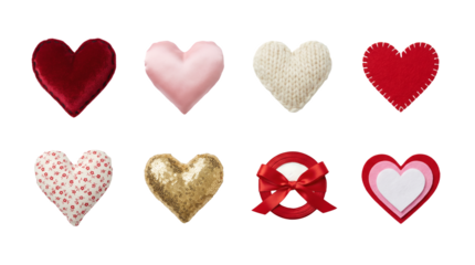 Heart craft set including velvet, satin, knit, felt, sequins, and ribbon variants isolated. Decorative valentines day and romantic gift collection.