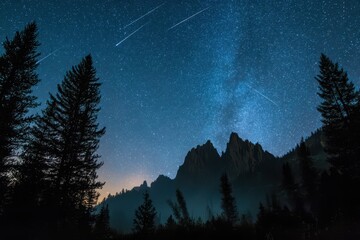 Diagonally streaking meteors blaze across a tranquil night horizon