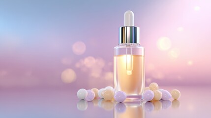 Digital illustration of collagen skin serum with vitamins on a soft pastel background &acirc;&euro;&rdquo; cosmetics concept