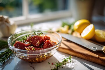 Dinner prep: raw meat and glaze on a white table with cutting board and fresh ingredients