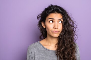 Doubtful mood portrait of a young woman with a purple backdrop