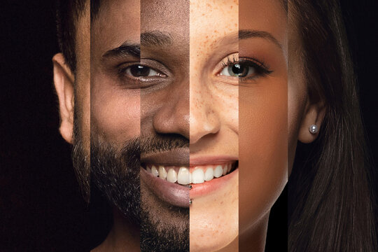 Portrait collage with diverse male and female faces merged vertically. Concept of human diversity, inclusive identity, equality representation, and modern social awareness.