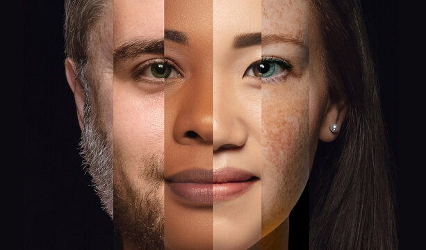Facial montage combining different ethnicities in single portrait. Concept of multicultural harmony, shared humanity, inclusive worldview, and global connection.