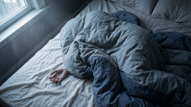 Conceptual view of person completely buried under grey duvet in messy bed depicting severe depression and morning fatigue