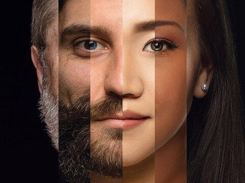Studio portrait collage combining diverse human facial features. Concept of diversity awareness, inclusive identity, equality communication, and modern social values.