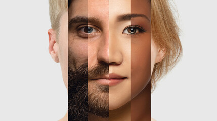 Facial montage representing multicultural identity and unity. Concept of global diversity, inclusive perspective, and visual metaphor of shared human values.