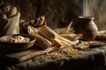 Dried corn husks ready for tamales in a rustic kitchen still life