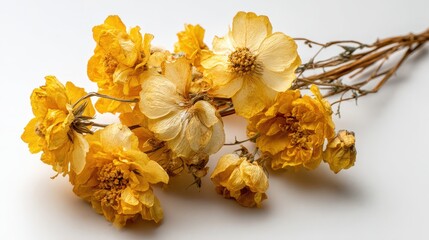 Dried yellow flower bouquet on white background, studio product photography