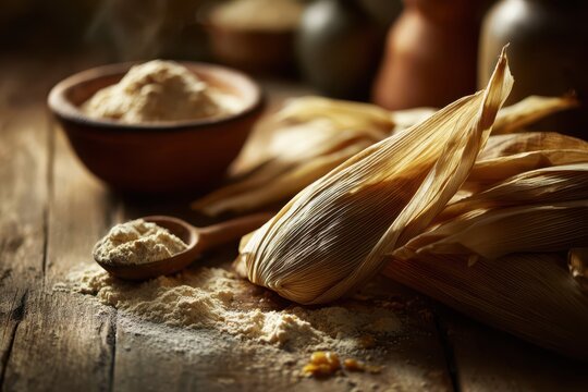 Dried corn husks arranged for traditional tamale preparation
