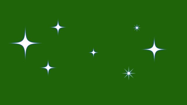 Sparkle star twinkle motion graphics featuring white cartoon flat vector doodles, glowing blinking light trails for festive overlays and animated titles on green screen background, seamless 4K