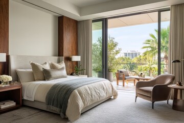 Elegant bedroom suite with soft carpeting, natural light, and balcony access