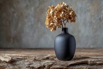 Elegant black ceramic vase featuring a dried hydrangea against rustic wood backdrop