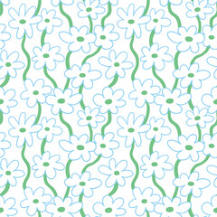 Vector floral seamless pattern with white daisies on white background in doodle style. Сute contemporary minimalistic trendy boho background design for kids. Scandinavian nursery print