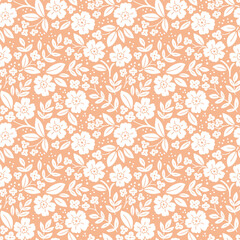 Vector hand drawn floral seamless pattern with white flowers on light orange background in doodle style. Сute contemporary minimalistic trendy boho background design for kids. 