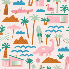 Vector palm springs seamless pattern. Summer vacation fabric design. 