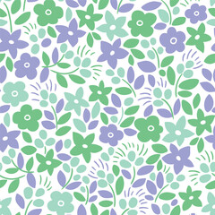 Vector bold floral pattern in hand drawn style. Flower seamless print design for kids fabrics, wallpaper or wrapping paper. Botanical repeat background in green and violet colors. Folk ornament.