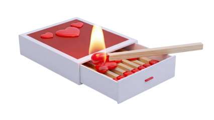 Matchbox with heart-shaped match heads and one burning