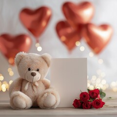 A cute teddy bear with roses and heart-shaped balloons, perfect for romantic occasions and heartfelt gifts.
