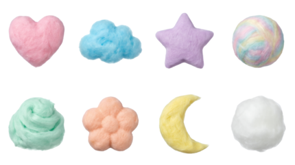 Felted wool shape set including heart, cloud, star, flower, moon, and ball isolated. Soft pastel fiber art and craft collection.